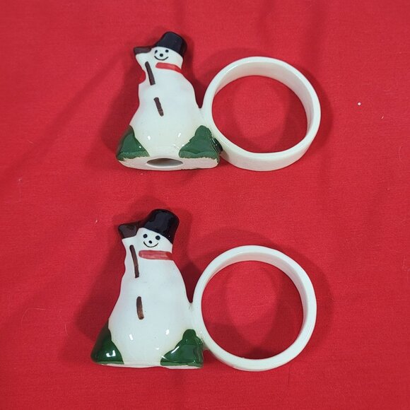 Vintage Snowman Ceramic Napkin Rings Set of 8 White Green Red Handpainted - Picture 5 of 8